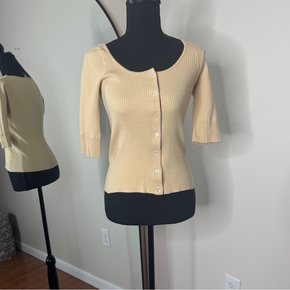 W By Worth Butter Yellow Ribbed 3/4 Sleeve Button Down Cardigan Top Size XS P